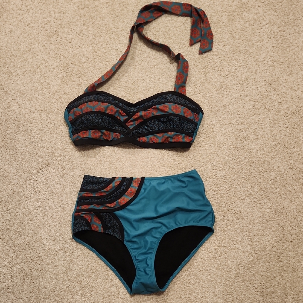 Modcloth Teal and Black Bikini with Red Accents